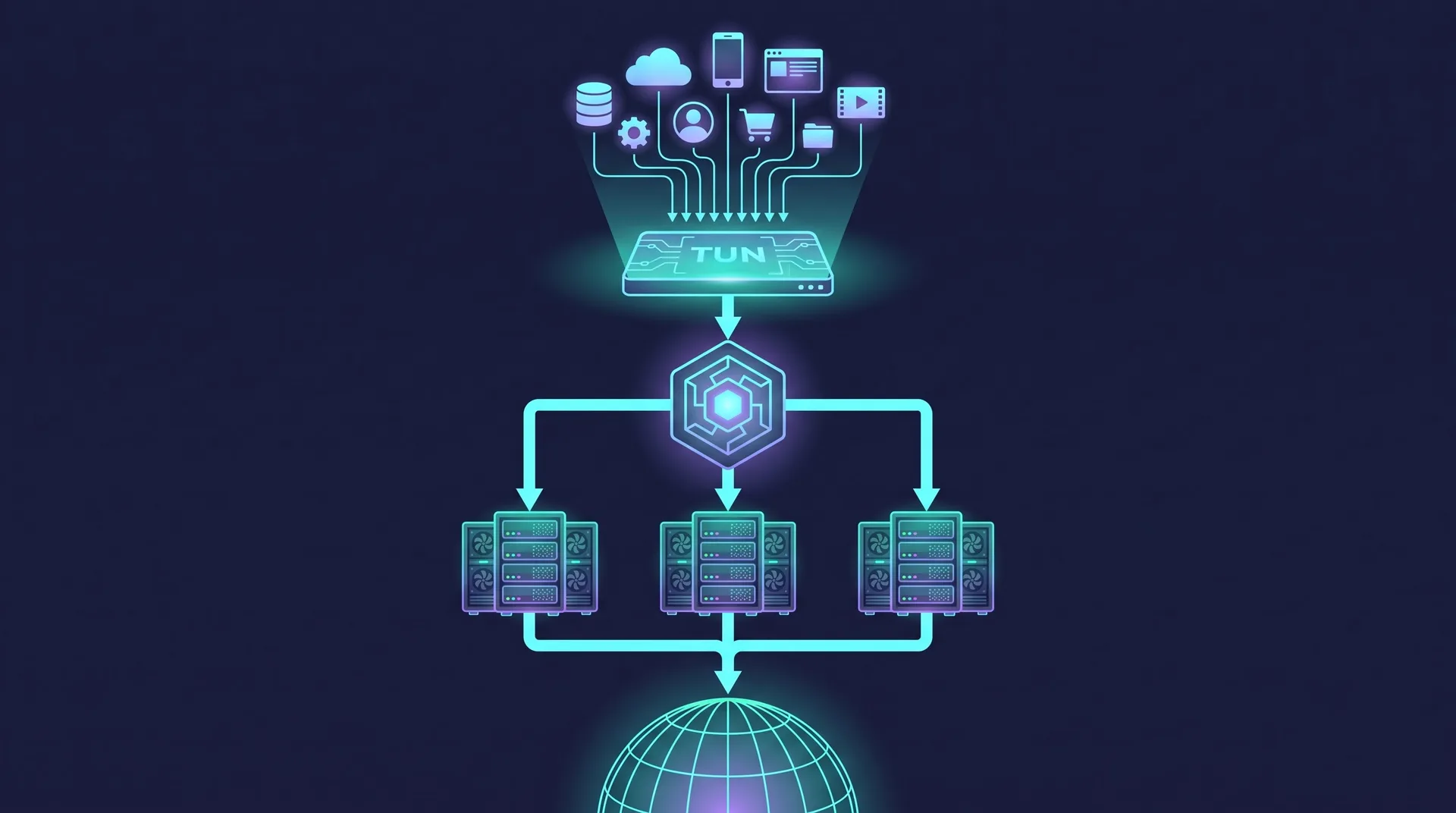 Architecture - app traffic converging into the TUN device, rules engine, then proxied out