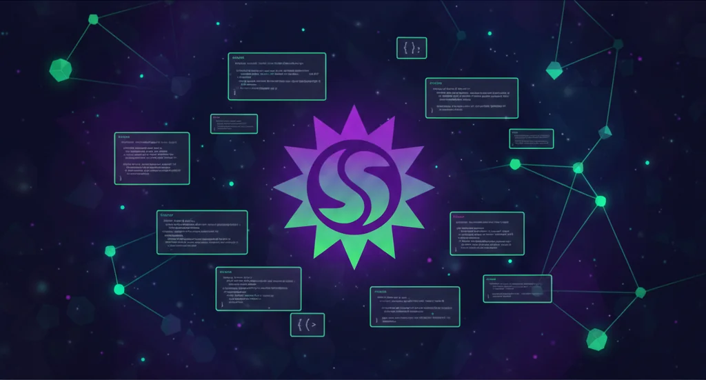 Solana 101 Hero — Solana logo with code snippets and blockchain visualization
